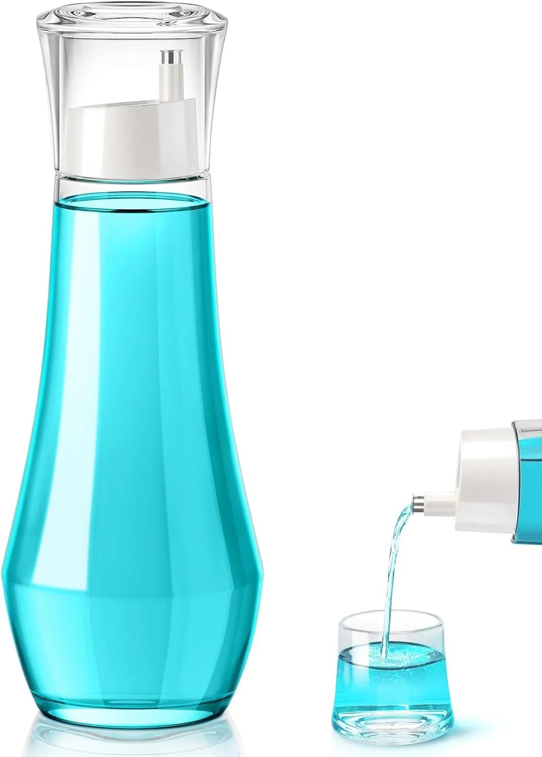 دیسپنسر دهانشویه برای حمام، بطری شیشه‌ای 8.8 اونس دهانشویه با درب و لیوان، دکانتر کوچک شفاف قابل پر کردن دهانشویه برای پیشخوان