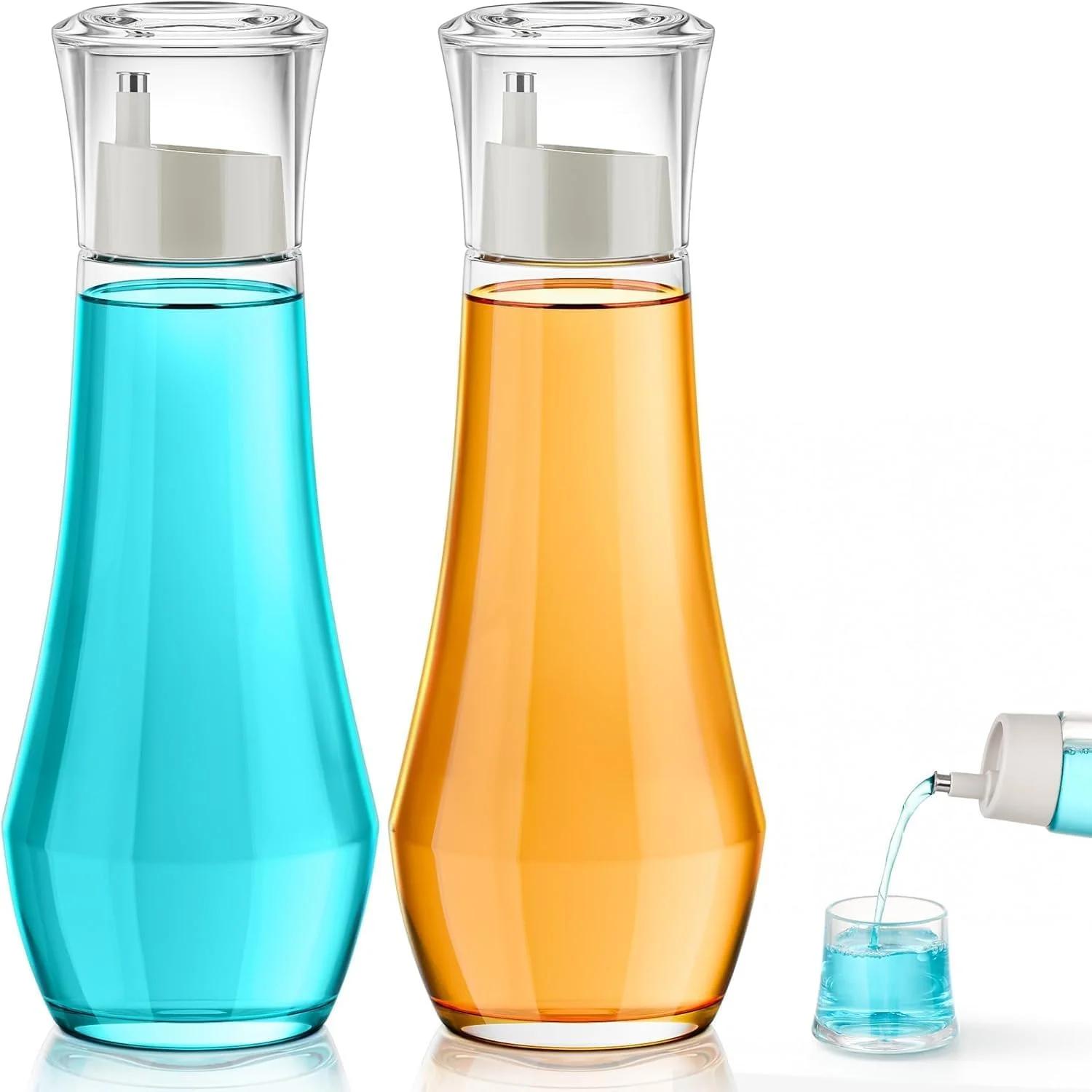 دیسپنسر دهانشویه شیشه‌ای برای حمام، بطری کانتینر دهانشویه 8.8 اونس با درب لیوان، دکانتور قابل پر کردن دهانشویه شیشه‌ای، دکانتور کوچک شفاف برای پیشخوان، بسته 2 عددی