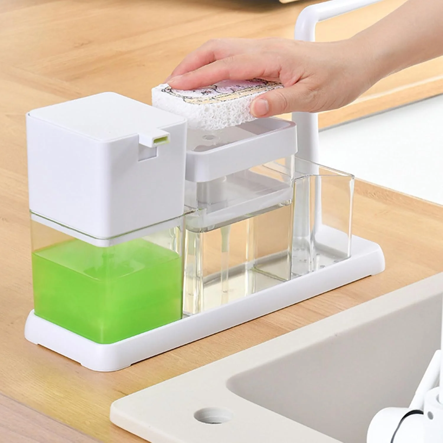 قفسه چند منظوره پخش کننده فوم صابون با محفظه ذخیره سازی داخلی برای پیشخوان حمام، تمیز کردن آسان، قفسه پخش کننده صابون PP