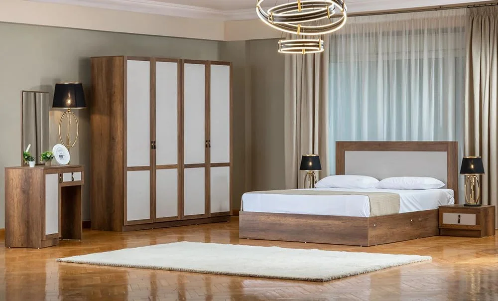 Modern 5-Piece Bedroom Set, Queen Size, Wardrobe with White Panels, Bed Frame with Upholstered Headboard, Dressing Table, Walnut Brown (Beige, Bed 140 cm)