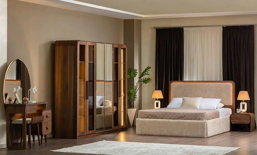 Modern 6-Piece Bedroom Furniture Set, Walnut Veneer, Bed, 240 cm Wardrobe, Dressing Table with Mirror (Grey, Bed 160 cm)