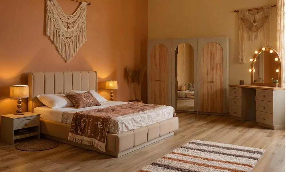 Modern 6-Piece Bedroom Set with LED Bed, 240cm Wardrobe, Nightstands, Dressing Table (Beige, Bed 140 cm)