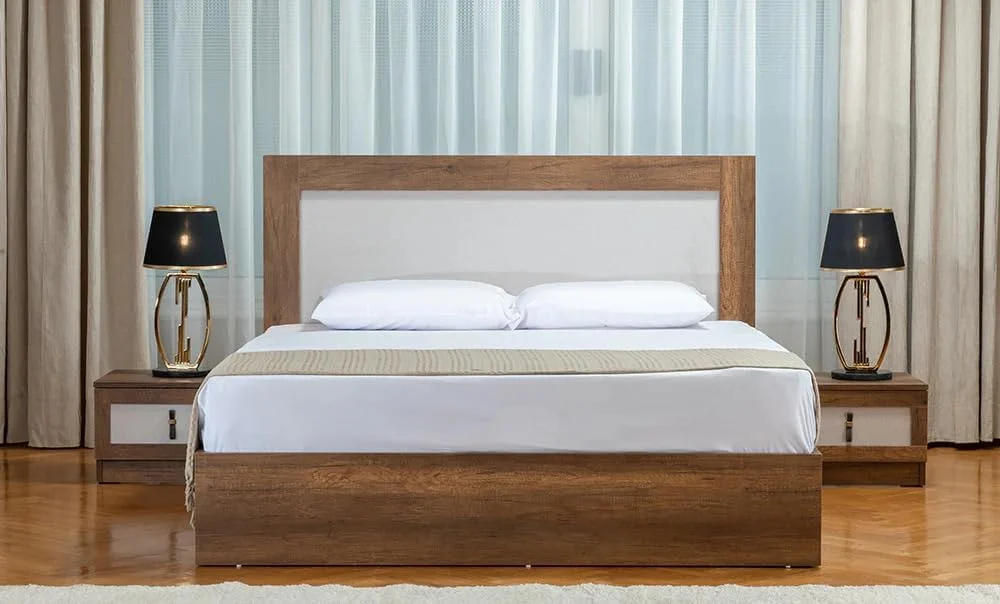 Modern 5-Piece Bedroom Set, Queen Size, Wardrobe with White Panels, Bed Frame with Upholstered Headboard, Dressing Table, Walnut Brown (Beige, Bed 140 cm)
