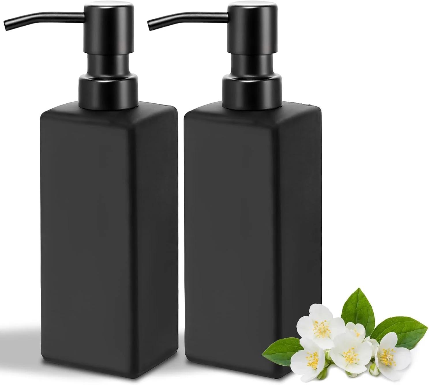 LBOYLOVE® ۲ عدد دیسپنسر صابون شیشه‌ای مشکی با پمپ استیل ضد زنگ، دیسپنسرهای مایع دستشویی و مایع ظرفشویی قابل پر کردن مجدد برای آشپزخانه و حمام (۱ عدد برچسب)