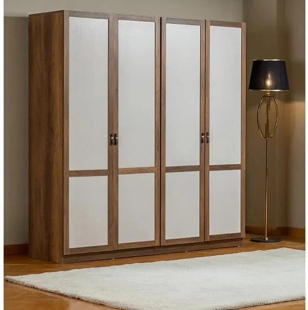 Modern 5-Piece Bedroom Set, Queen Size, Wardrobe with White Panels, Bed Frame with Upholstered Headboard, Dressing Table, Walnut Brown (Beige, Bed 140 cm)