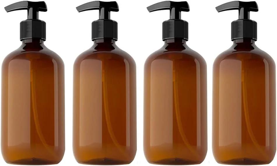 Kitchnexus ست 4 عددی جا مایع دستشویی 300 میلی لیتری، بطری پمپ خالی، ژل مایع، جا صابون دست، سبز قهوه ای PP + پت درجه غذایی