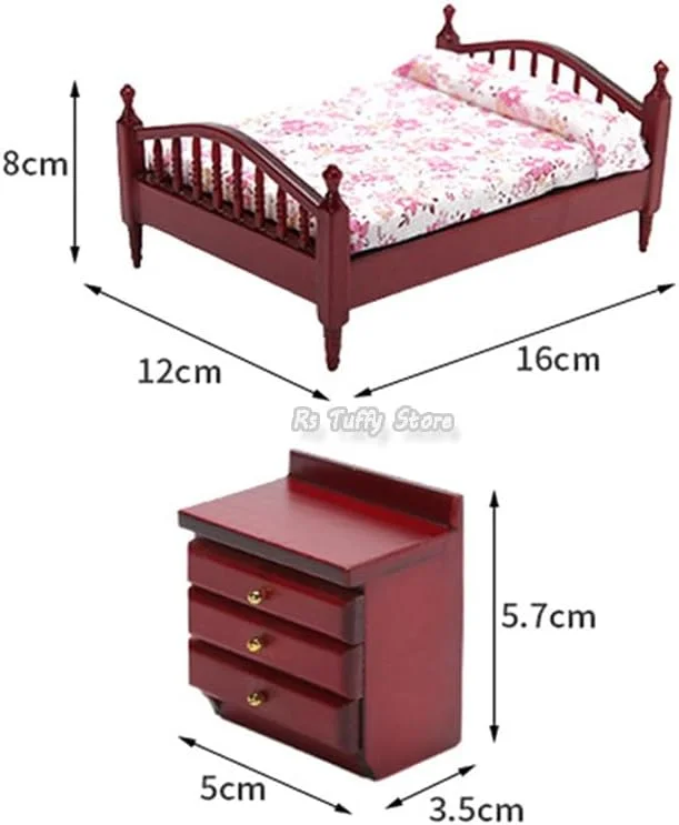 ТоуAE - خانه عروسکی 1/12 تخت خواب عروسکی چوبی قهوه ای سفید با طرح گل کوچک، ست میز کنار تخت، مبلمان مینیاتوری، اسباب بازی های نقش آفرینی کودکان، دکور اتاق خواب Тоу (1 عدد تخت A)