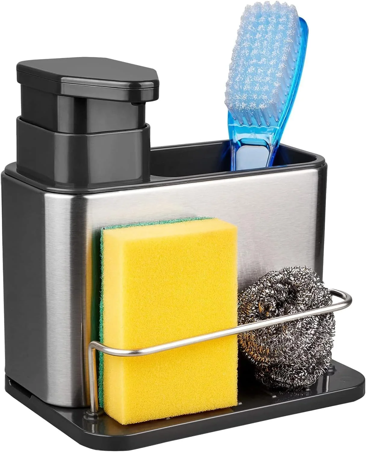 جامایع ظرفشویی Joyzzz، جا مایع پمپی استیل 3 در 1 و نگهدارنده اسکاچ، استند سینک ظرفشویی با جا مایع ظرفشویی، سازمان دهنده سبک و مقاوم برای سینک و حمام