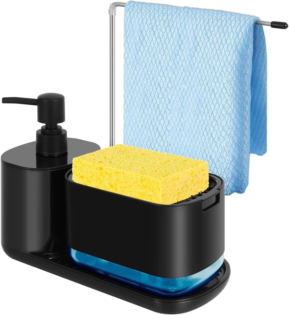 ست جا مایع ظرفشویی و دستشویی Joyzzz، ست جا مایع ظرفشویی آشپزخانه با سینی، سازمان دهنده 5 در 1 برای روی سینک ظرفشویی، جا اسکاچ و جا دستمال، ابزارهای مفید برای آشپزخانه