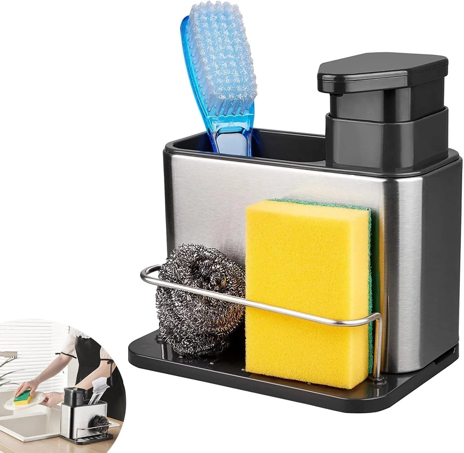 پمپ مایع ظرفشویی و جا اسکاچی Joyzzz، مشکی 3 در 1، پخش کننده مایع ظرفشویی برای آشپزخانه با محفظه نگهداری، پخش کننده بادوام مایع ظرفشویی استیل ضد زنگ برای سینک های آشپزخانه و حمام