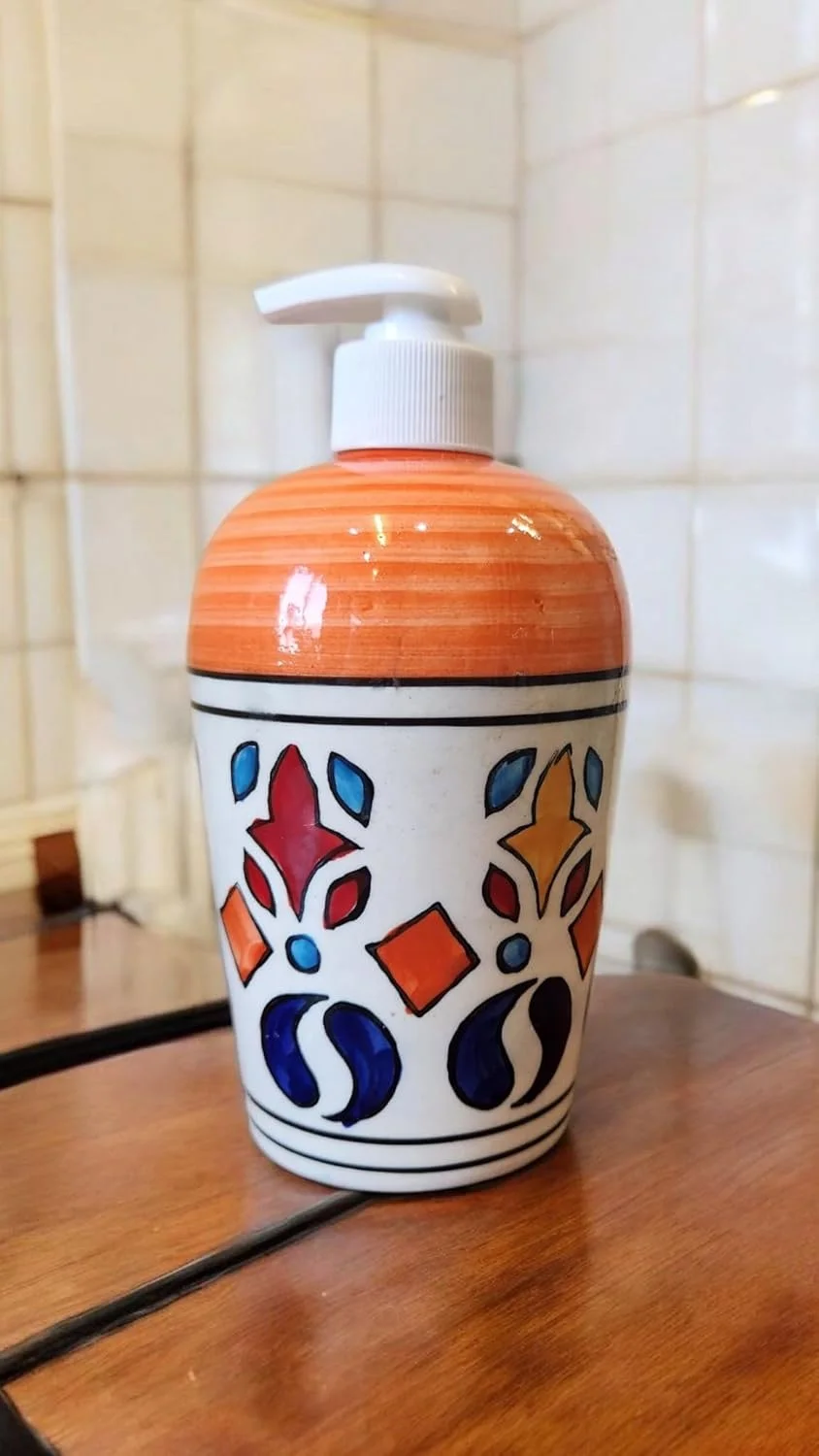 جای مایع دستشویی فوم JGARTS با ظرفیت 300 میلی لیتر، پمپ لوسیون حمام، جای مایع دستشویی فوم ساز، جای مایع ظرفشویی سرامیکی برای آشپزخانه، قابل پر کردن با مایع برای حمام/آشپزخانه، کرم و نارنجی