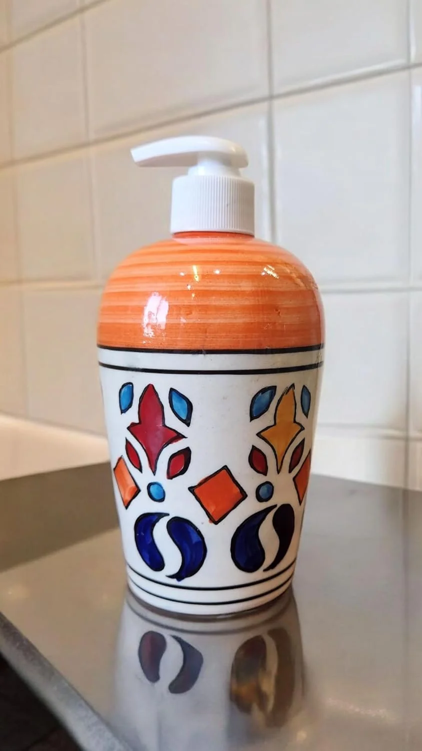 جای مایع دستشویی فوم JGARTS با ظرفیت 300 میلی لیتر، پمپ لوسیون حمام، جای مایع دستشویی فوم ساز، جای مایع ظرفشویی سرامیکی برای آشپزخانه، قابل پر کردن با مایع برای حمام/آشپزخانه، کرم و نارنجی