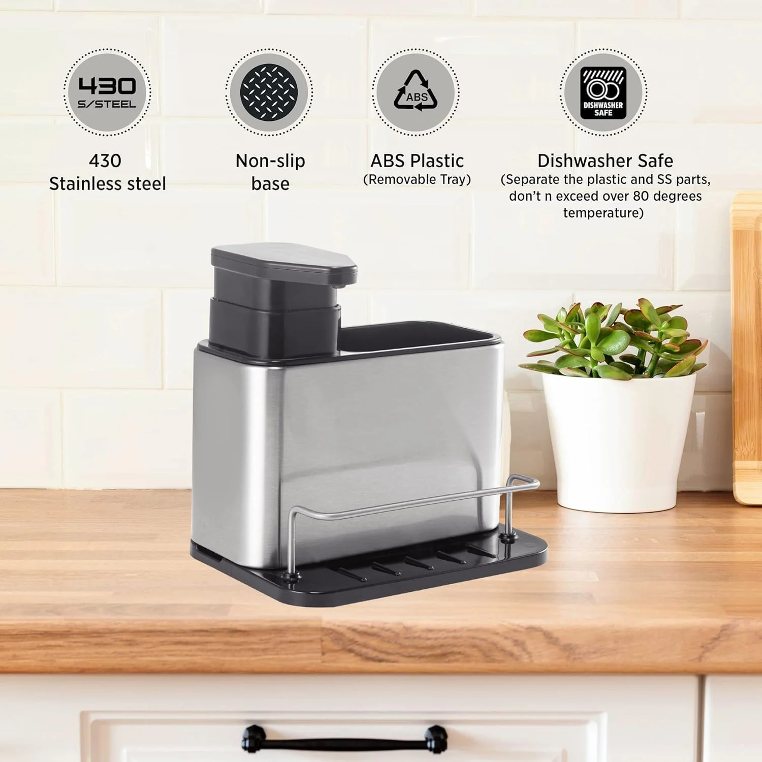 جامایع ظرفشویی Joyzzz، جا مایع پمپی استیل 3 در 1 و نگهدارنده اسکاچ، استند سینک ظرفشویی با جا مایع ظرفشویی، سازمان دهنده سبک و مقاوم برای سینک و حمام