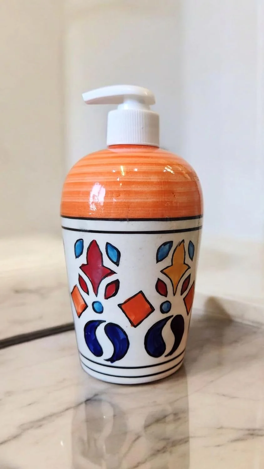 جای مایع دستشویی فوم JGARTS با ظرفیت 300 میلی لیتر، پمپ مایع دستشویی و لوسیون مناسب حمام، جای مایع ظرفشویی سرامیکی مناسب آشپزخانه، قابل پر کردن با مایع برای استفاده در حمام/آشپزخانه، رنگ کرم و نارنجی