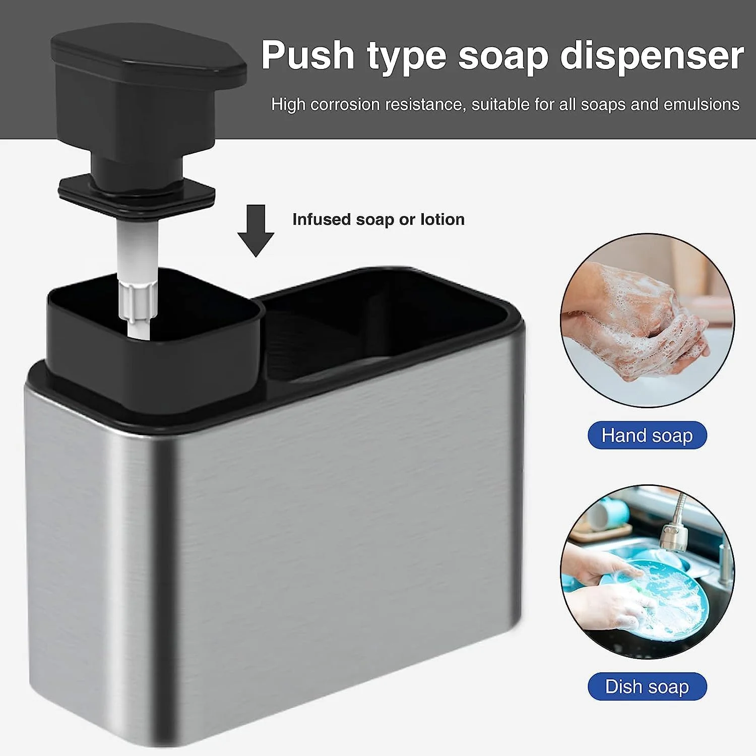 پمپ مایع ظرفشویی و جا اسکاچی Joyzzz، مشکی 3 در 1، پخش کننده مایع ظرفشویی برای آشپزخانه با محفظه نگهداری، پخش کننده بادوام مایع ظرفشویی استیل ضد زنگ برای سینک های آشپزخانه و حمام