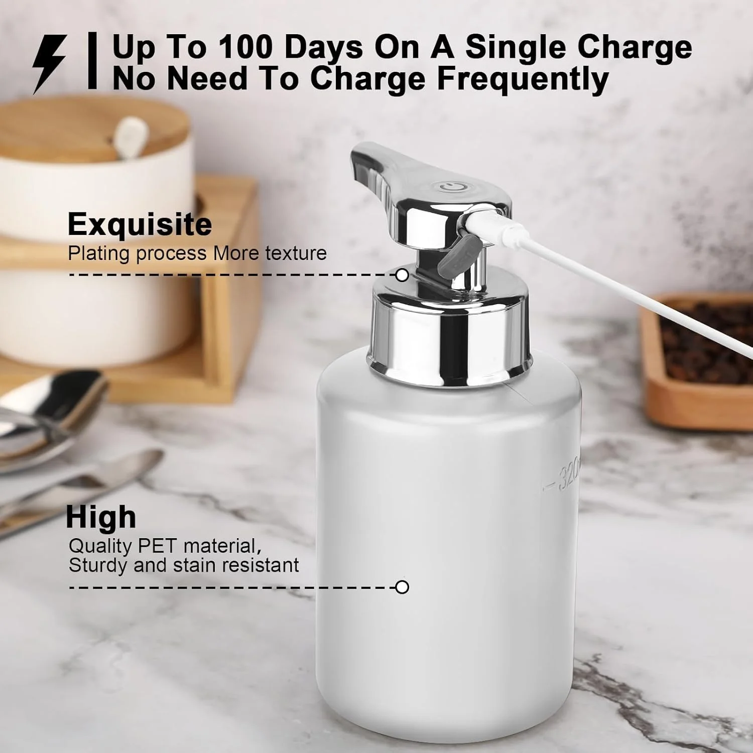 JINDUN دستگاه صابون فوم ساز اتوماتیک - بدون لمس، قابل شارژ، دستگاه صابون ظرفشویی برقی هوشمند برای حمام، آشپزخانه (سفید، فوم) JINDUN دستگاه صابون فوم ساز اتوماتیک - بدون لمس، قابل شارژ، دستگاه صابون ظرفشویی برقی هوشمند برای حمام، آشپزخانه (سفید، فوم)