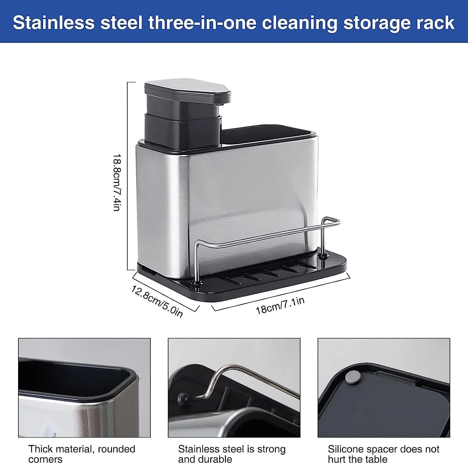 پمپ مایع ظرفشویی و جا اسکاچی Joyzzz، مشکی 3 در 1، پخش کننده مایع ظرفشویی برای آشپزخانه با محفظه نگهداری، پخش کننده بادوام مایع ظرفشویی استیل ضد زنگ برای سینک های آشپزخانه و حمام