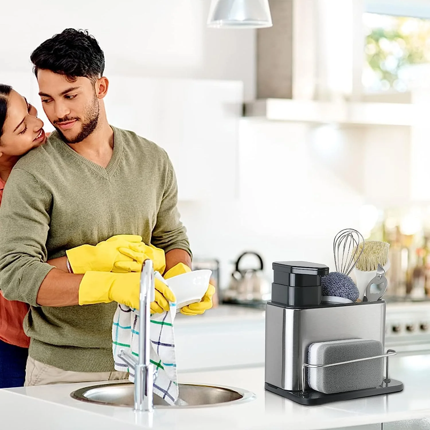 پمپ مایع ظرفشویی و جا اسکاچی Joyzzz، مشکی 3 در 1، پخش کننده مایع ظرفشویی برای آشپزخانه با محفظه نگهداری، پخش کننده بادوام مایع ظرفشویی استیل ضد زنگ برای سینک های آشپزخانه و حمام