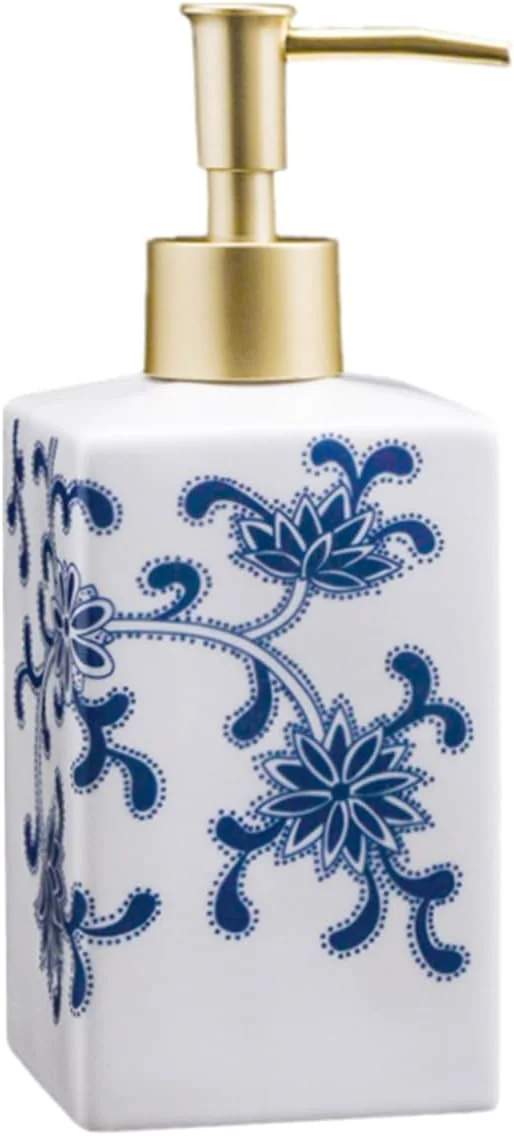 بطری لوسیون سرامیکی آبی و سفید JHNIF با پمپ طلایی، ظرف صابون 414 میلی لیتری برای حمام