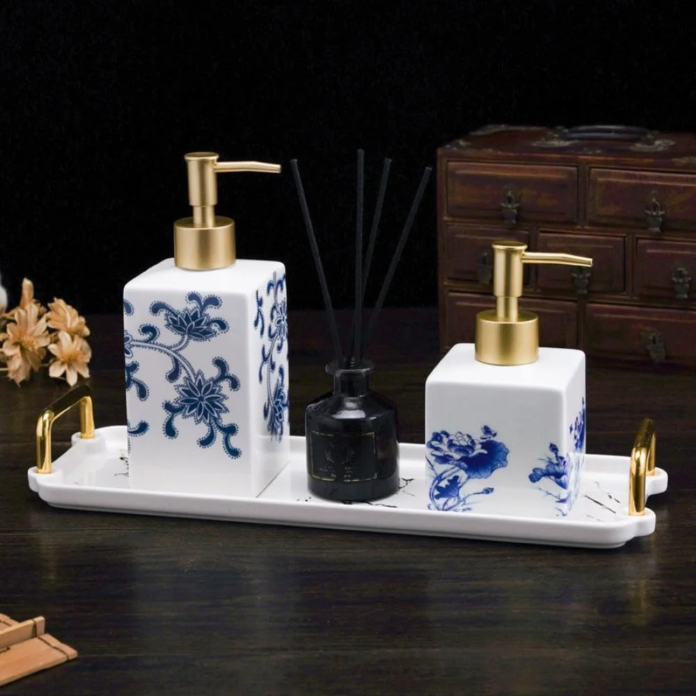 بطری لوسیون سرامیکی آبی و سفید JHNIF با پمپ طلایی، ظرف صابون 414 میلی لیتری برای حمام