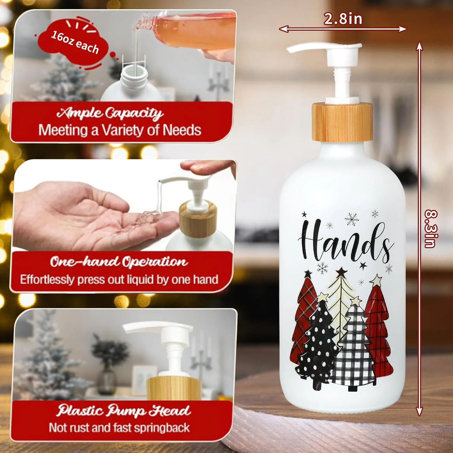 جامایع صابون کریسمس JarThenaAMCS، 473 میلی لیتر، طرح سیاه و سفید بوفالو، آدم برفی، درخت کریسمس، دکور آشپزخانه روستایی برای حمام و پیشخوان آشپزخانه، بسته 2 عددی