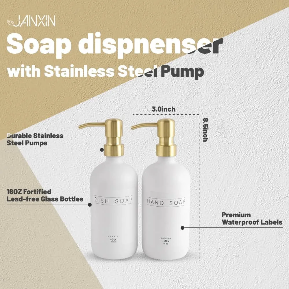 پک دو عددی جا مایع ظرفشویی شیشه ای Janxin، جا مایع ظرفشویی برای سینک ظرفشویی با پمپ، جا مایع دستشویی مدرن حمام با برچسب های ضد آب برای مایع دستشویی، مایع ظرفشویی، لوسیون (بطری های سفید + پمپ های طلایی)