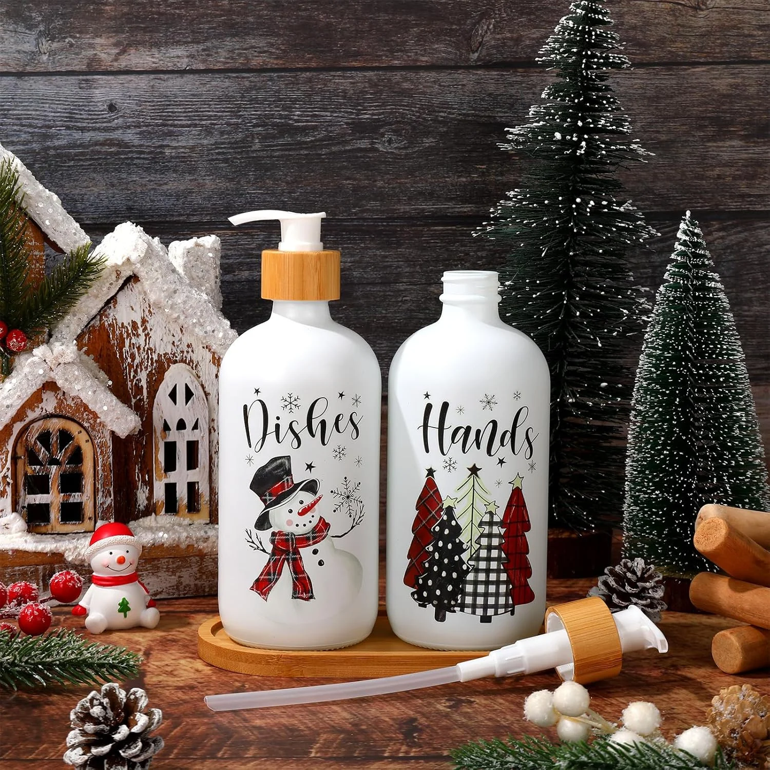 جامایع صابون کریسمس JarThenaAMCS، 473 میلی لیتر، طرح سیاه و سفید بوفالو، آدم برفی، درخت کریسمس، دکور آشپزخانه روستایی برای حمام و پیشخوان آشپزخانه، بسته 2 عددی