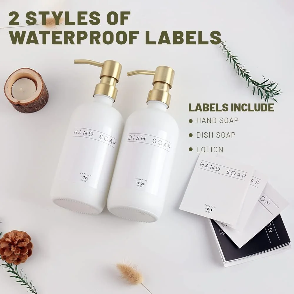 پک دو عددی جا مایع ظرفشویی شیشه ای Janxin، جا مایع ظرفشویی برای سینک ظرفشویی با پمپ، جا مایع دستشویی مدرن حمام با برچسب های ضد آب برای مایع دستشویی، مایع ظرفشویی، لوسیون (بطری های سفید + پمپ های طلایی)