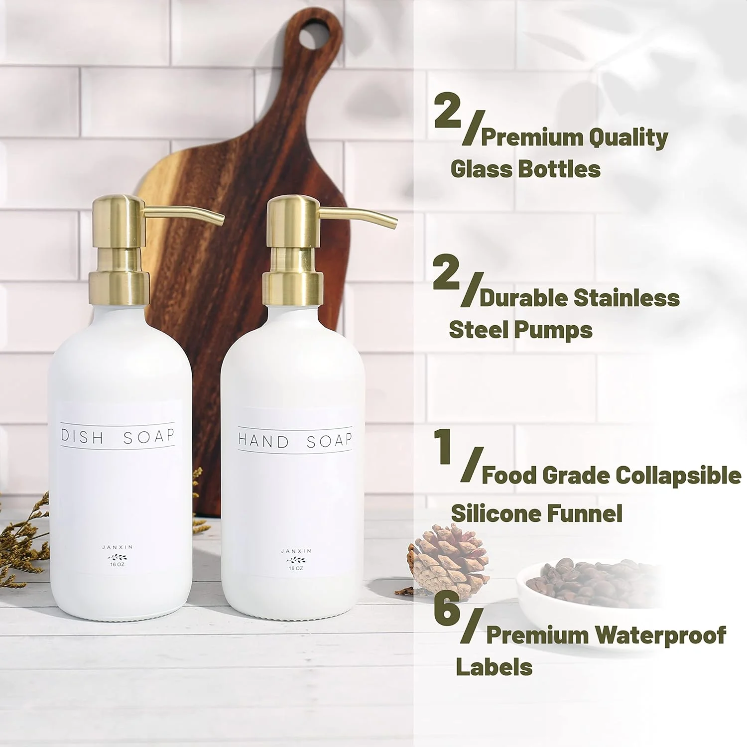 پک دو عددی جا مایع ظرفشویی شیشه ای Janxin، جا مایع ظرفشویی برای سینک ظرفشویی با پمپ، جا مایع دستشویی مدرن حمام با برچسب های ضد آب برای مایع دستشویی، مایع ظرفشویی، لوسیون (بطری های سفید + پمپ های طلایی)