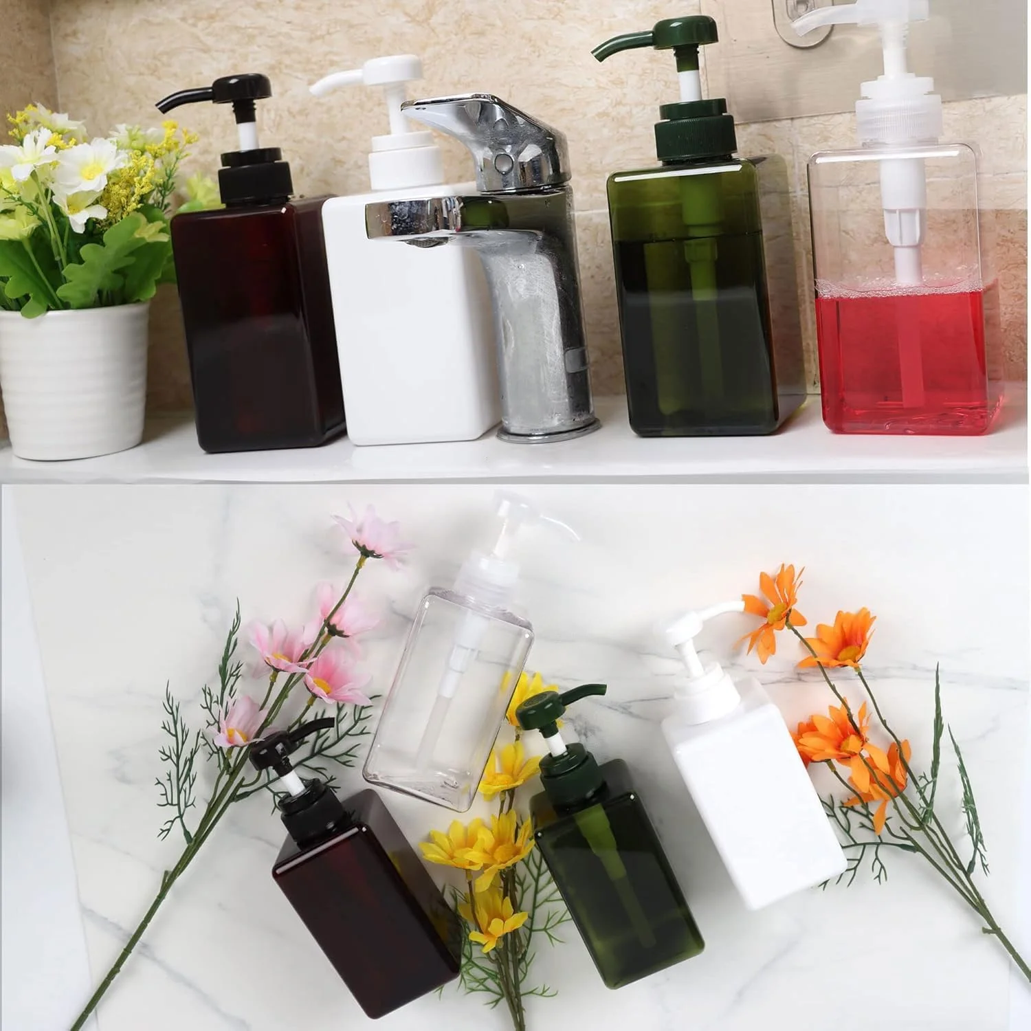 ظرف پمپ دار ۴۵۰ میلی لیتری Jansburg، بسته ۲ عددی، پخش کننده لوسیون پلاستیکی مربع قابل شارژ، بطری پمپ لوسیون خالی برای روغن های ضروری، صابون، لوسیون، شامپو، مناسب حمام/آشپزخانه/مسافرت، سفید