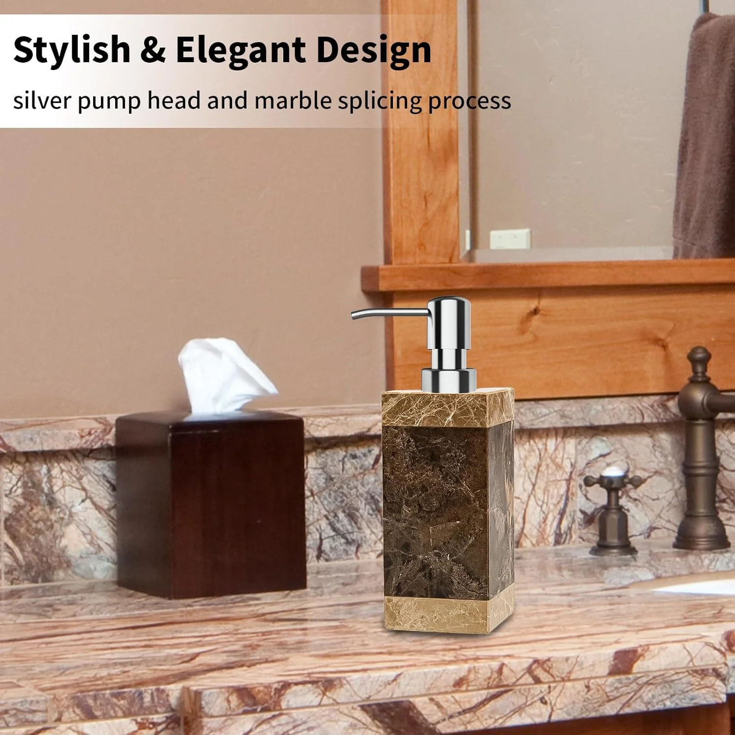 جا مایع ظرفشویی مرمر HKDZ، شامپو و نرم کننده لوکس برای حمام و آشپزخانه، بطری مرمر طبیعی مربعی 250 میلی لیتری، رنگ قهوه ای