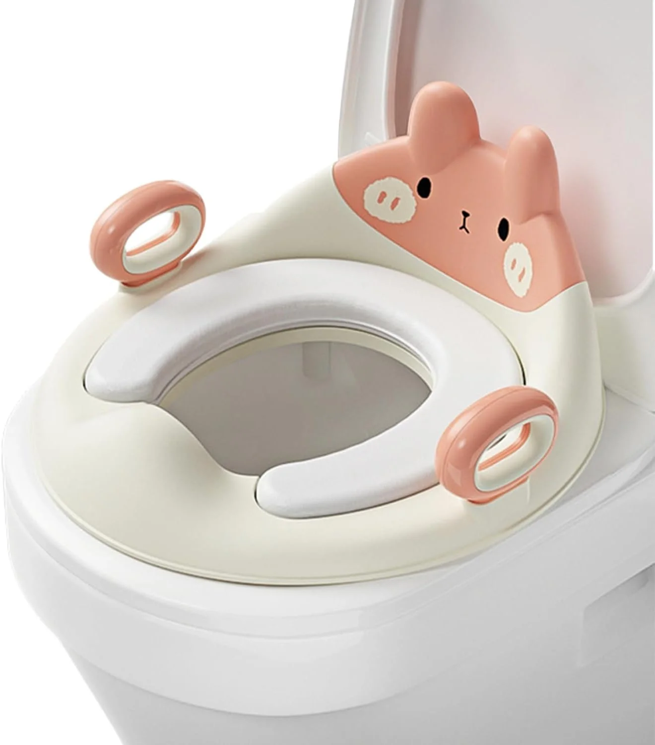 صندلی آموزشی توالت کودک، صندلی آموزش توالت کودکان با کوسن نرم جداشدنی، دسته محکم و پشتی، محافظ ضد لغزش و پاشش ادرار، مناسب برای توالت های گرد و بیضی