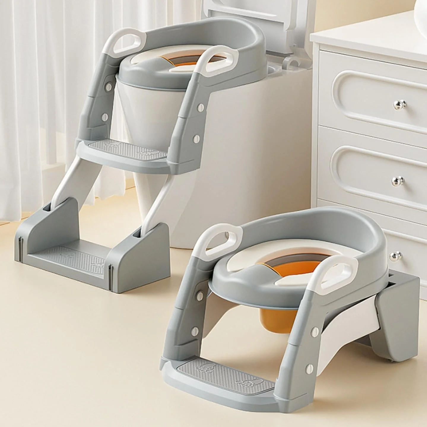 U-HOOME Toddler Potty Training Seat,2 in 1 Foldable Toddler Toilet Seat with Non-Slip Ladder,Plash Guard Potty Seat(INCL 1*URINAL, WORKS AS POTTY SEAT OR TOILET LADDER) for Kids Boys Girls (Grey)
