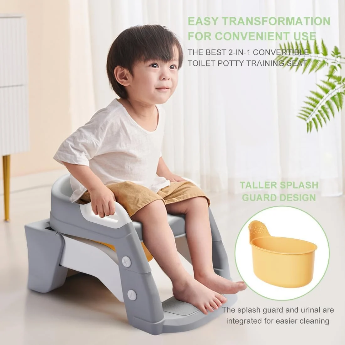 U-HOOME Toddler Potty Training Seat,2 in 1 Foldable Toddler Toilet Seat with Non-Slip Ladder,Plash Guard Potty Seat(INCL 1*URINAL, WORKS AS POTTY SEAT OR TOILET LADDER) for Kids Boys Girls (Grey)