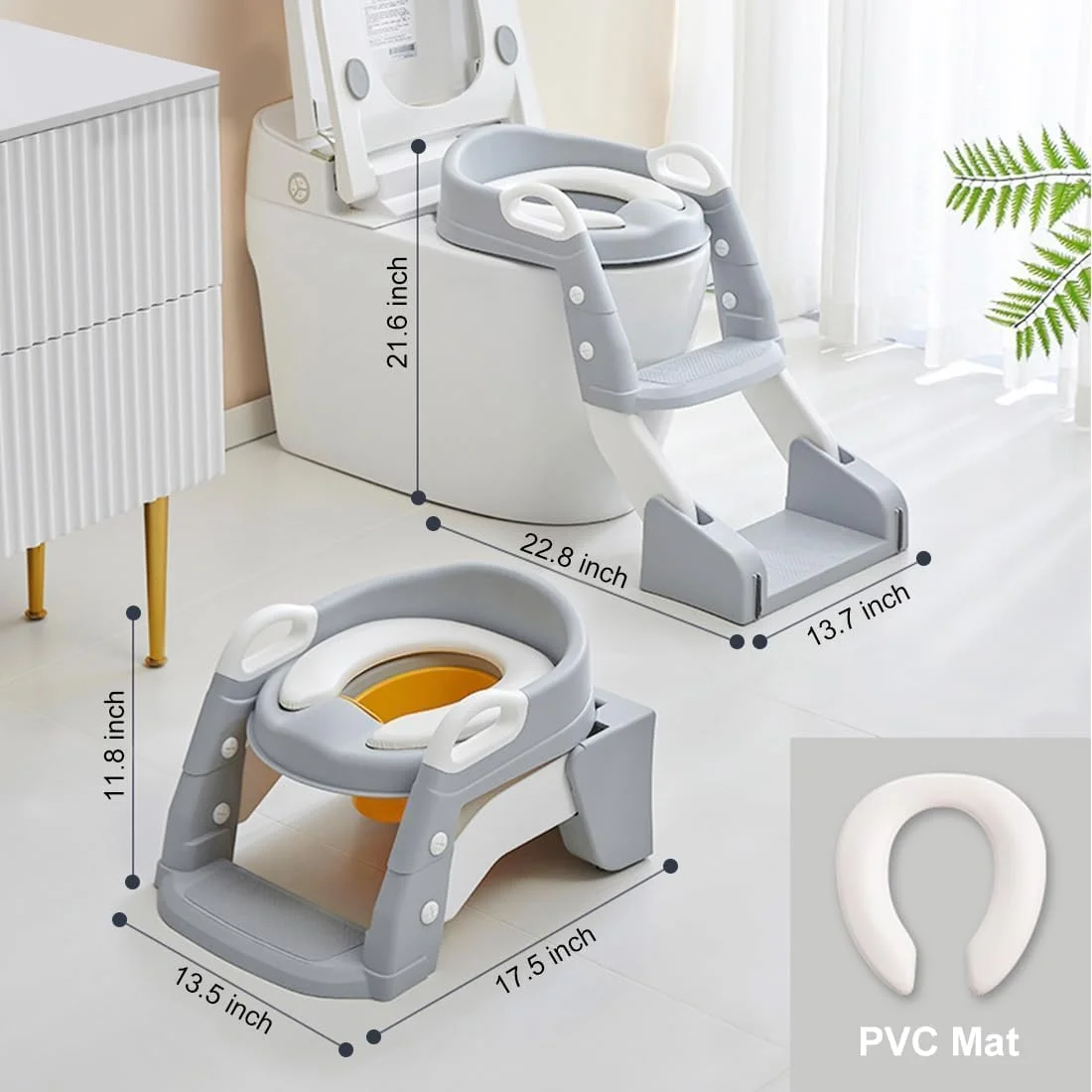 U-HOOME Toddler Potty Training Seat,2 in 1 Foldable Toddler Toilet Seat with Non-Slip Ladder,Plash Guard Potty Seat(INCL 1*URINAL, WORKS AS POTTY SEAT OR TOILET LADDER) for Kids Boys Girls (Grey)