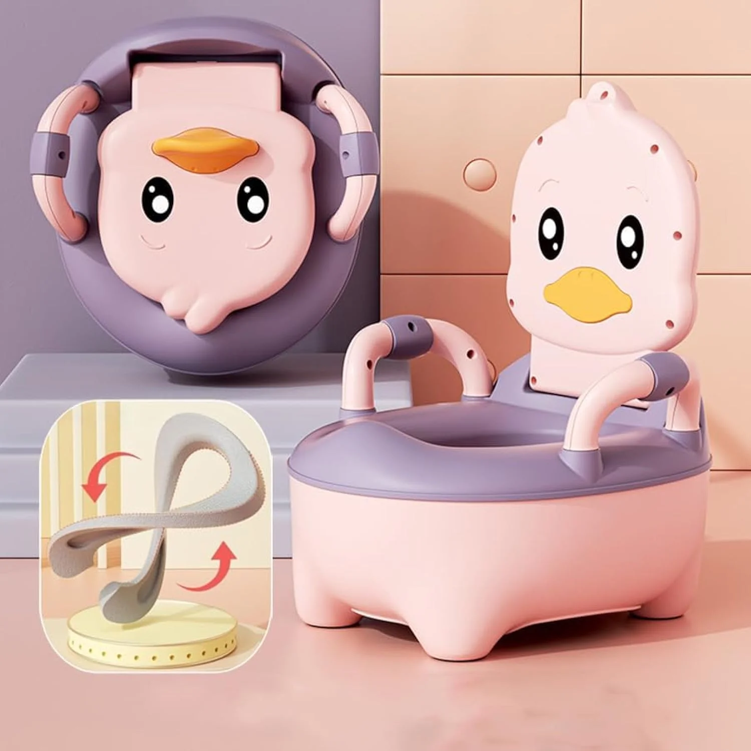 توالت آموزشی کودک توبی با دستگیره، صندلی توالت قابل حمل کودک نوپا با نشیمنگاه نرم، لگن توالت قابل جابجایی، پشتیبانی از کمر، صندلی توالت مسافرتی کودک نوپا برای پسران و دختران 6 ماهه تا 5 ساله (صورتی)
