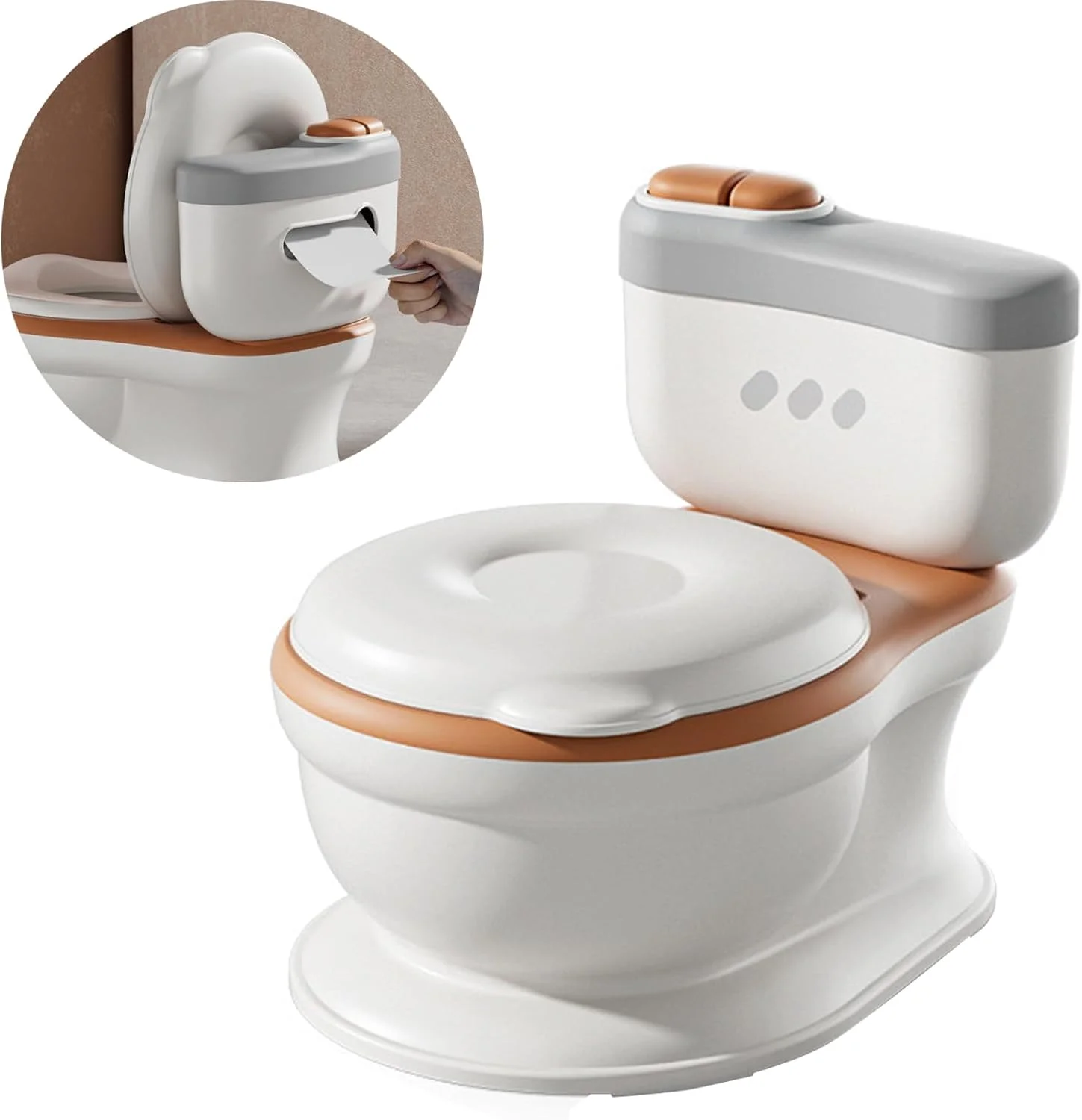 توالت آموزشی کودک نوپا، توالت آموزشی واقعی با نشیمنگاه نرم، توالت آموزشی واقعی با نشیمنگاه نرم، دارای پخش کننده دستمال توالت و محافظ پاشش ضد لغزش برای کودکان نوپا، نوزادان و کودکان