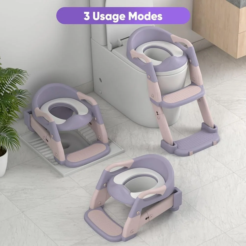 صندلی توالت فرنگی کودک، صندلی آموزشی توالت فرنگی 3 در 1، صندلی توالت فرنگی آموزشی کودکان پسران دختران، نردبان پله ای صندلی آموزشی توالت فرنگی کودکان، صندلی توالت فرنگی با پدهای ضد لغزش (بنفش)