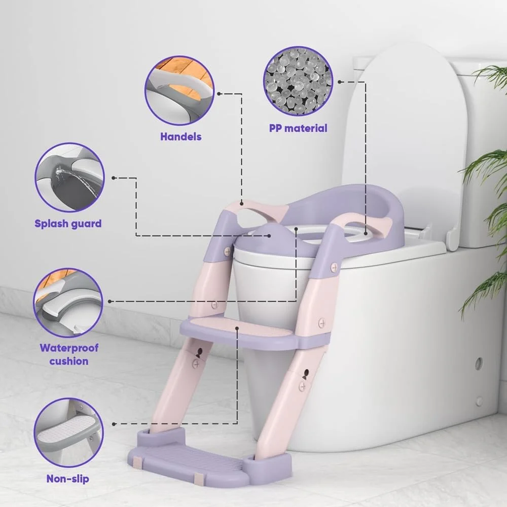 صندلی توالت فرنگی کودک، صندلی آموزشی توالت فرنگی 3 در 1، صندلی توالت فرنگی آموزشی کودکان پسران دختران، نردبان پله ای صندلی آموزشی توالت فرنگی کودکان، صندلی توالت فرنگی با پدهای ضد لغزش (بنفش)
