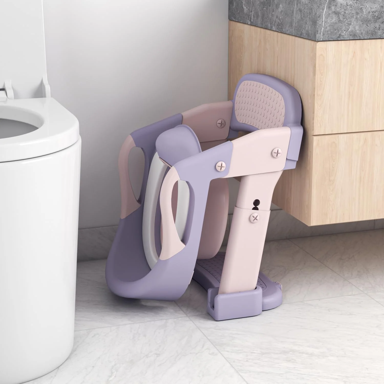 صندلی توالت فرنگی کودک، صندلی آموزشی توالت فرنگی 3 در 1، صندلی توالت فرنگی آموزشی کودکان پسران دختران، نردبان پله ای صندلی آموزشی توالت فرنگی کودکان، صندلی توالت فرنگی با پدهای ضد لغزش (بنفش)