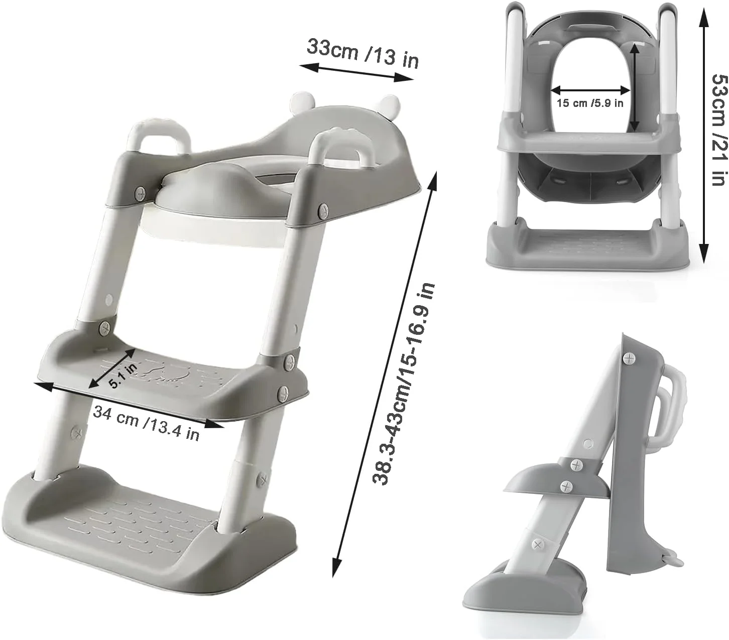 صندلی آموزشی توالت فرنگی پاندا ایر با نردبان پله‌ای، صندلی توالت فرنگی راحت و ایمن با پدهای ضد لغزش و نردبان برای کودکان پسر و دختر نوپا (خاکستری)