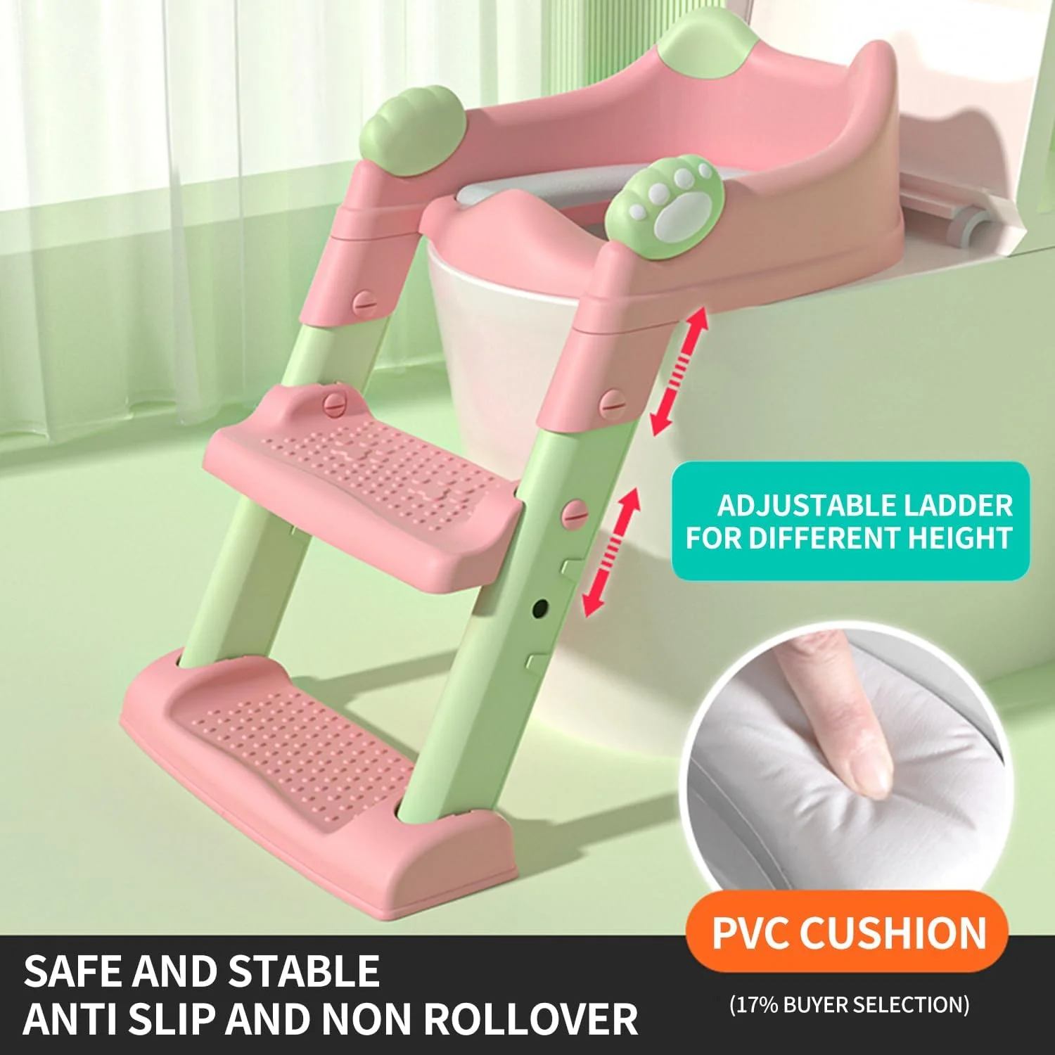 صندلی آموزشی توالت فرنگی با نردبان پله‌ای، توالت آموزشی برای کودکان پسر و دختر، صندلی توالت راحت و ایمن با پدهای ضد لغزش (صورتی ووگل)