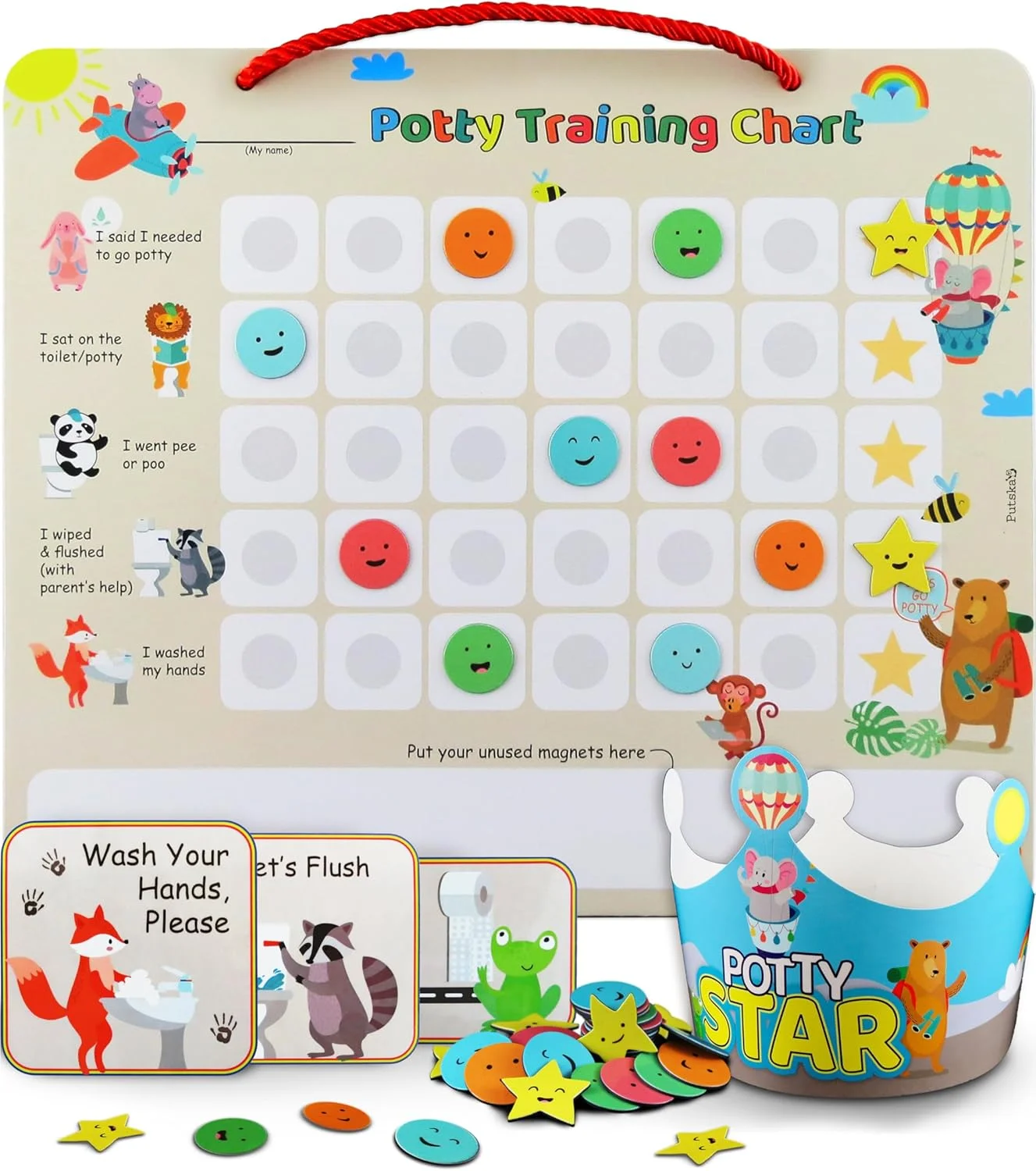 چارت آموزشی توالت رفتن مغناطیسی PutskA برای کودکان نوپا - چارت توالت با استیکرهای چند رنگ ایموجی و ستاره - آموزش توالت رفتن انگیزشی برای پسران و دختران (تم حیوانات) چارت آموزشی توالت رفتن مغناطیسی PutskA برای کودکان نوپا - چارت توالت با استیکرهای چند رنگ ایموجی و ستاره - آموزش توالت رفتن انگیزشی برای پسران و دختران (تم حیوانات)