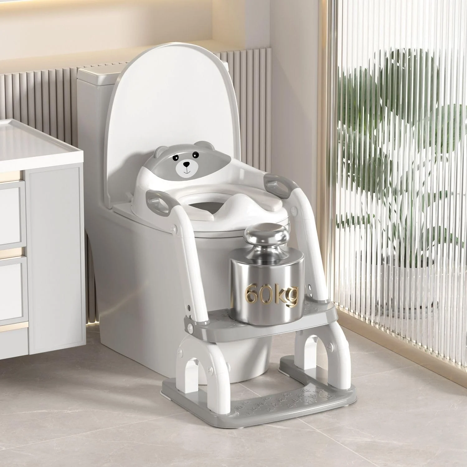 صندلی آموزشی توالت کودک See You با پله – قابل تنظیم، ضد لغزش، تاشو – مناسب برای اکثر توالت ها (سفید و خاکستری)