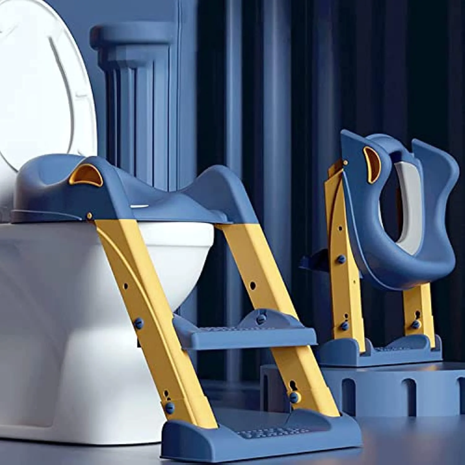 صندلی آموزشی توالت لایمیکی، ایمن و راحت با کوسن نرم PVC ضد آب قابل جابجایی، نردبان پله ای قابل تنظیم، پدهای ضد لغزش، مناسب برای نوزادان 1 تا 7 ساله. (آبی/زرد)