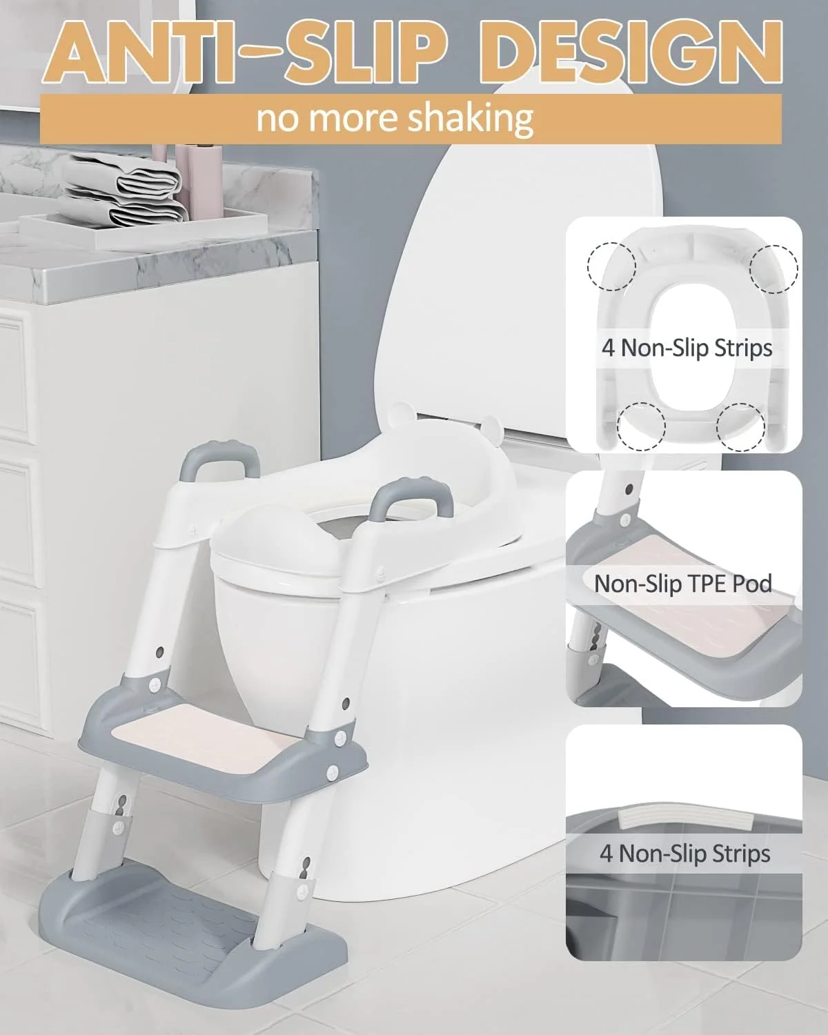 صندلی آموزشی توالت کودک 3 در 1 Monicayao با نردبان پله‌ای، صندلی توالت قابل تنظیم برای کودکان دختر و پسر، صندلی آموزشی تاشو با دستگیره‌های ایمن و کوسن نرم