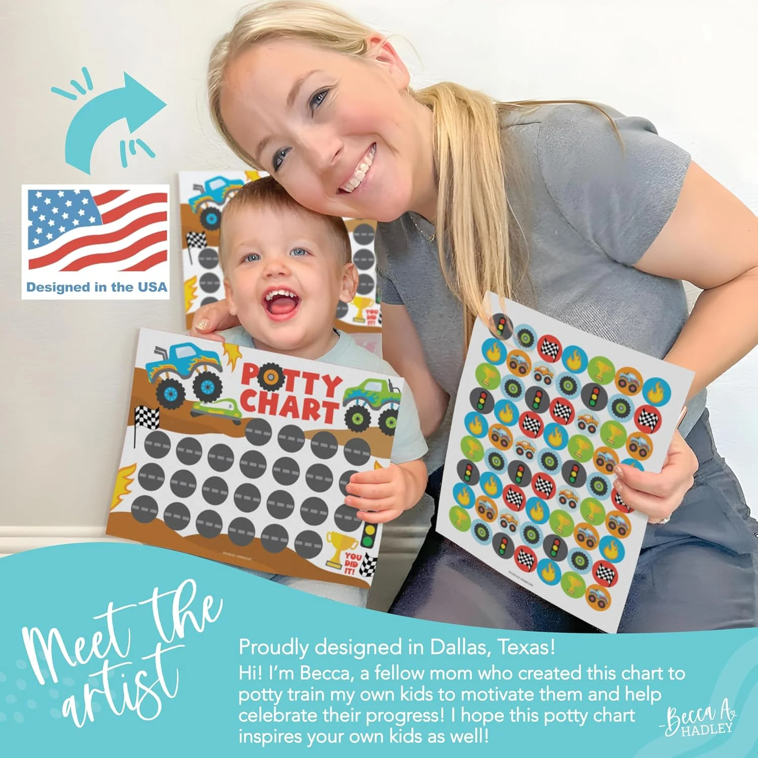 نمودار آموزش توالت رفتن کامیونی Hadley Designs برای پسران نوپا - نمودار برچسب برای آموزش توالت رفتن کودکان، نمودار برچسب توالت برای پسران نوپا، جوایز توالت