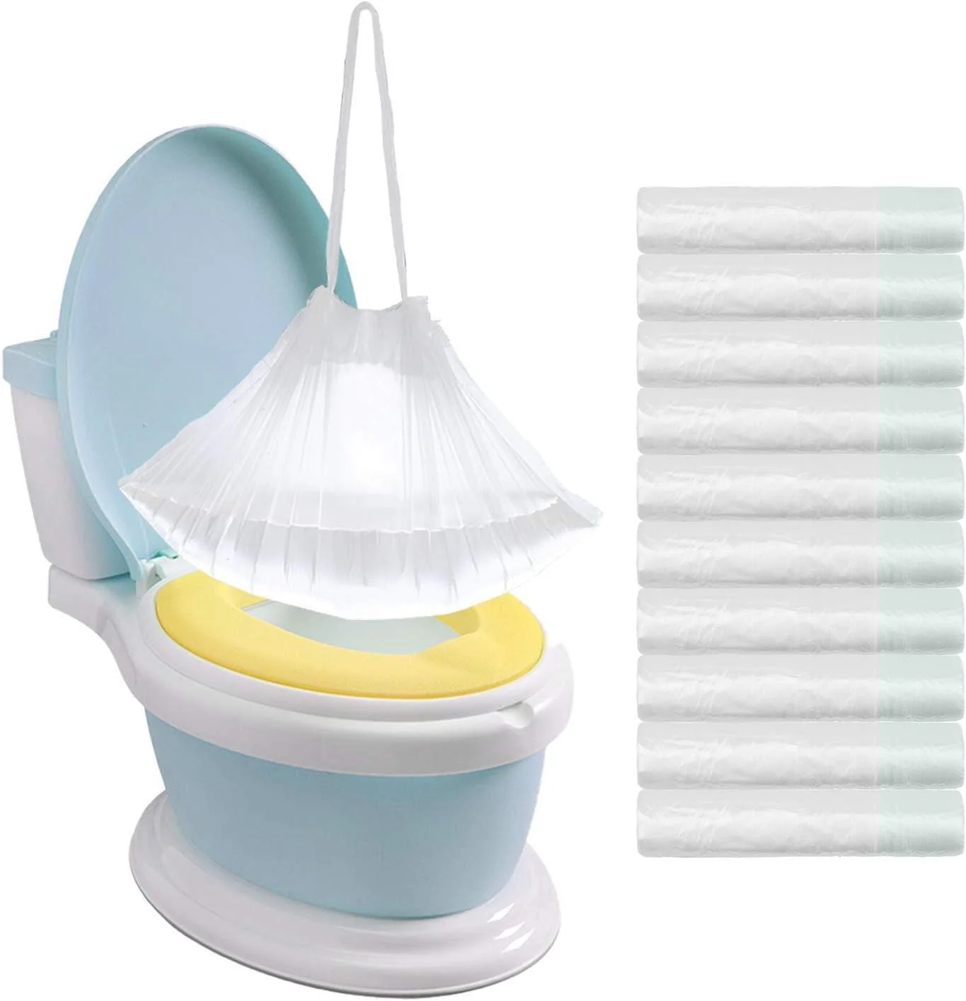 الکدون 100 عدد کیسه توالت فرنگی قابل حمل با بند کشی، کیسه های یکبار مصرف برای آموزش توالت نوزاد، کیسه تمیز کننده صندلی توالت مسافرتی جهانی برای کودکان نوپا، بزرگسالان، حیوانات خانگی در فضای باز