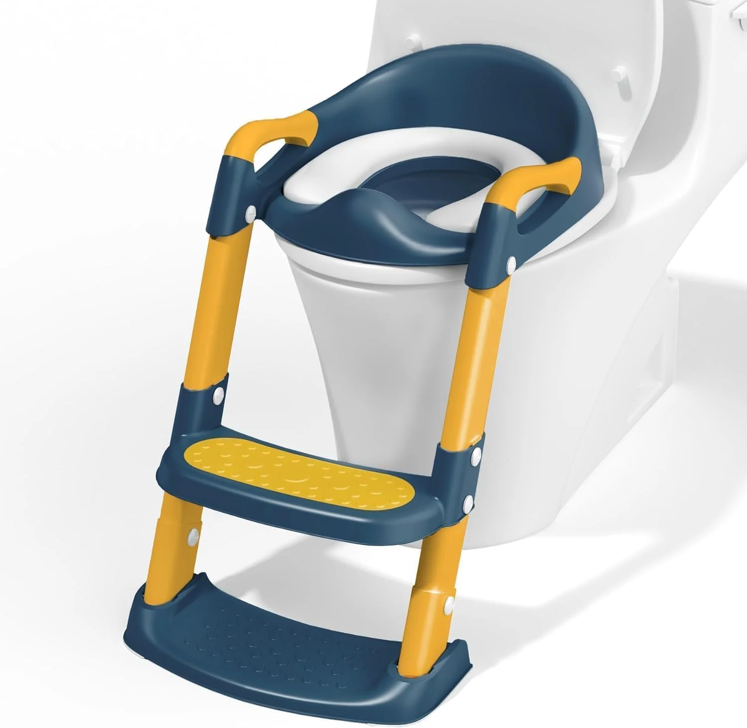 صندلی آموزشی توالت DMG TECH، صندلی آموزشی توالت کودکان با پله، صندلی توالت تاشو قابل حمل با نردبان با ارتفاع قابل تنظیم، دسته محافظ و کوسن نرم سفید برای نوزادان پسر و دختر (آبی)