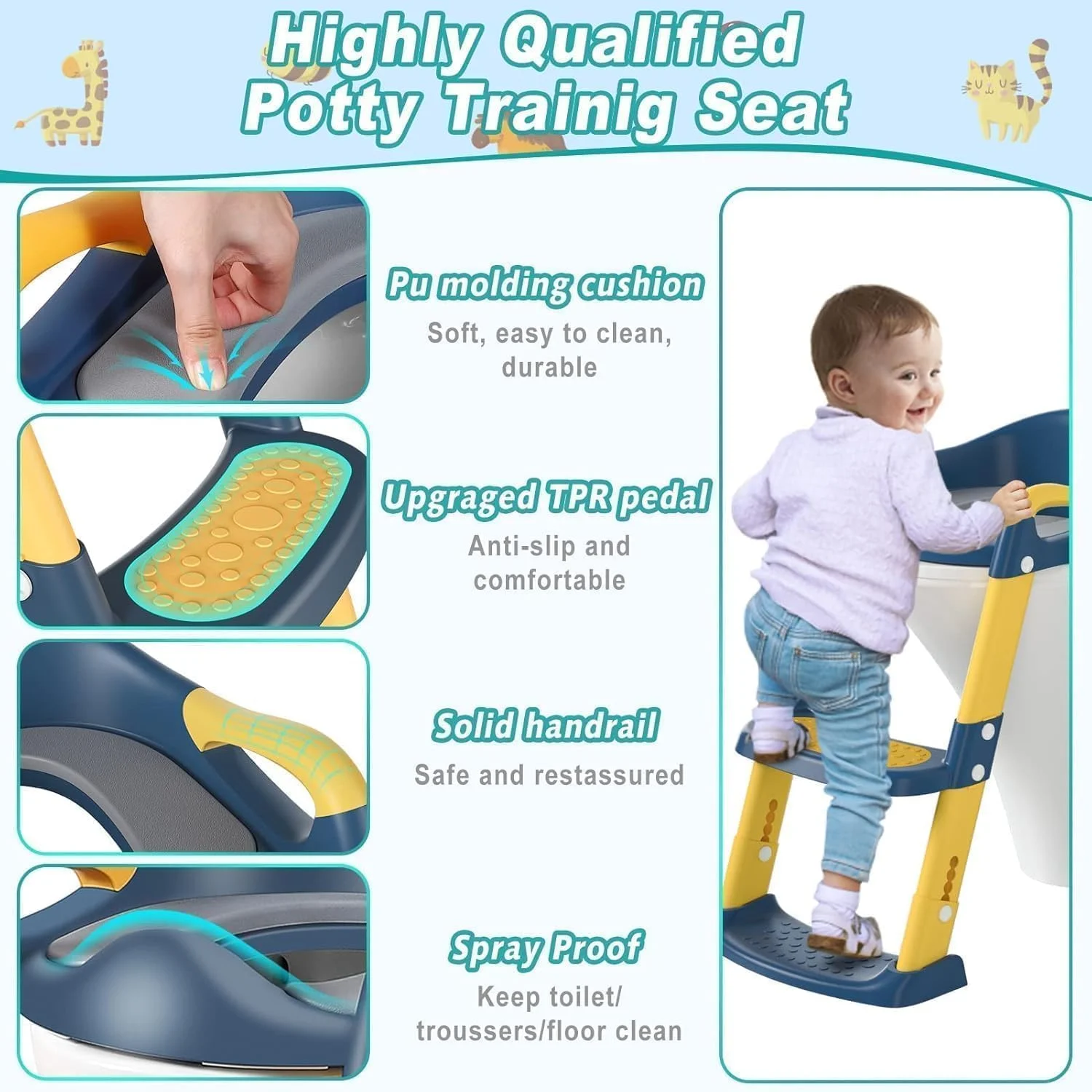 صندلی آموزشی توالت DMG TECH، صندلی آموزشی توالت کودکان با پله، صندلی توالت تاشو قابل حمل با نردبان با ارتفاع قابل تنظیم، دسته محافظ و کوسن نرم سفید برای نوزادان پسر و دختر (آبی) صندلی آموزشی توالت DMG TECH، صندلی آموزشی توالت کودکان با پله، صندلی توالت تاشو قابل حمل با نردبان با ارتفاع قابل تنظیم، دسته محافظ و کوسن نرم سفید برای نوزادان پسر و دختر (آبی)